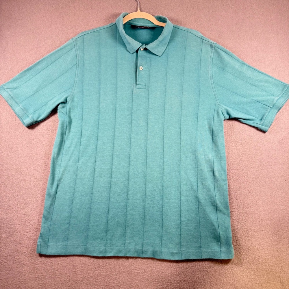 Lands End Mens Large Teal Blue Ribbed Knit Polo Shirt Short Sleeve 100% Cotton